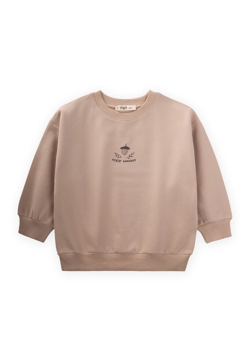Sudadera de color beige claro hecha de una tela suave, con cuello redondo, puños acanalados y un pequeño gráfico de una bellota con texto en el frente.