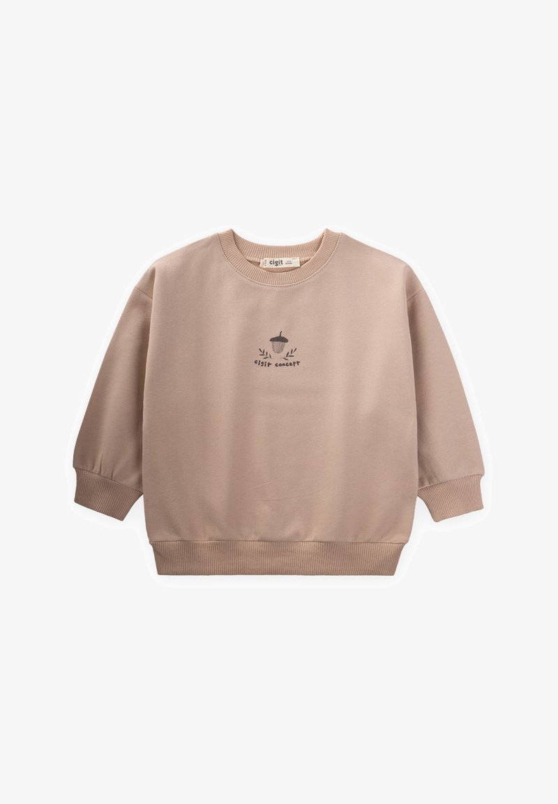 Sudadera de color beige claro hecha de una tela suave, con cuello redondo, puños acanalados y un pequeño gráfico de una bellota con texto en el frente.
