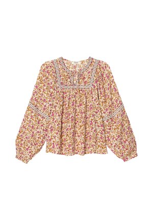 Blouse florale à manches longues, présentant des motifs rose et moutarde sur un fond clair, avec un col froncé et un détail à cordon.