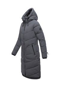 Long gray padded winter coat with hood, front zipper, zippered side pockets, and adjustable cuffs shown on a white background.