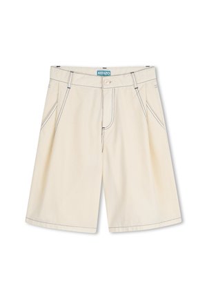 Shorts beiges avec une fermeture à bouton, des coutures bleues contrastantes, et deux poches avant. Confectionnés dans un tissu léger pour plus de confort.