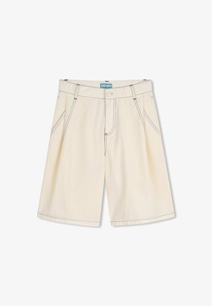 Shorts beiges avec une fermeture à bouton, des coutures bleues contrastantes, et deux poches avant. Confectionnés dans un tissu léger pour plus de confort.