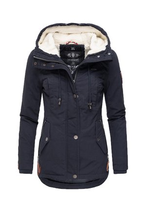Navy blue parka jacket with a warm faux fur lining, adjustable hood, zippered and buttoned pockets, and decorative stitching.