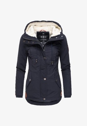 Jachetă parka albastru marin, cu o căptușeală caldă din blană sintetică, glugă ajustabilă, buzunare cu fermoar și nasturi, și cusături decorative.