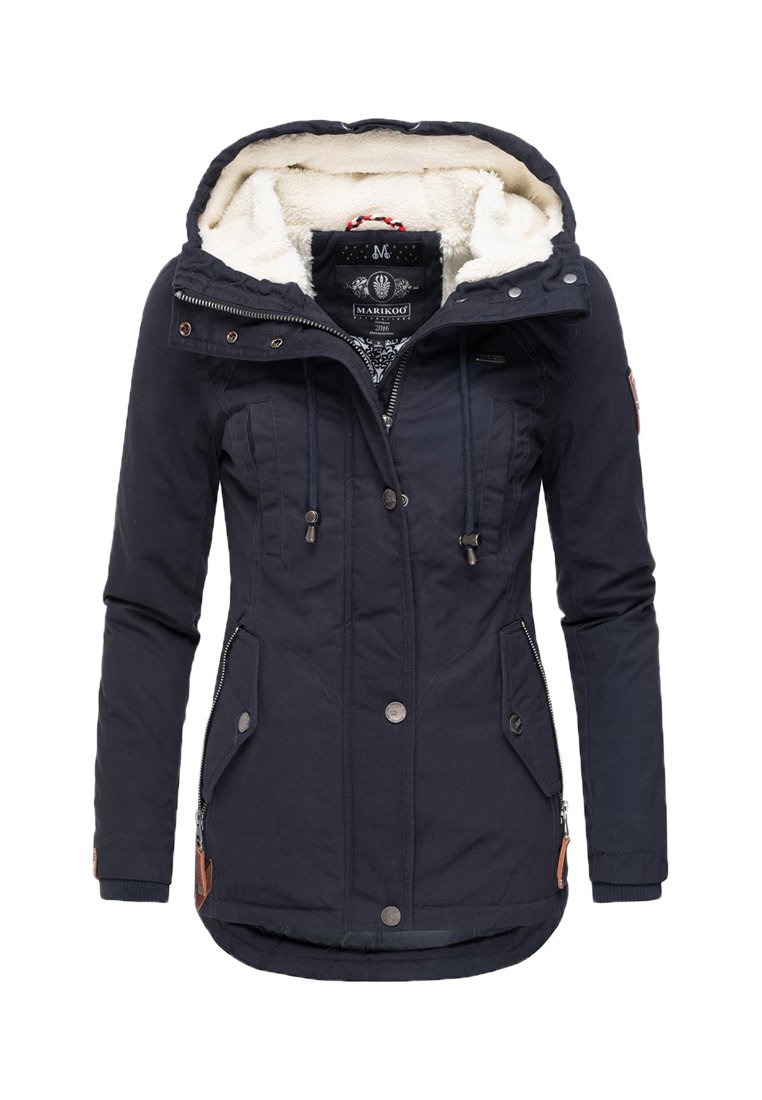 Navy blue parka jacket with a warm faux fur lining, adjustable hood, zippered and buttoned pockets, and decorative stitching.