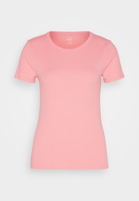 T-shirt corto a maniche corte di colore rosa con scollatura rotonda. Realizzato in tessuto morbido con una silhouette aderente. Etichetta stampata all'interno del colletto.