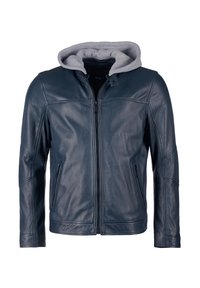 Blaue Lederjacke mit einer grauen Kapuzenfutter, vorderem Reißverschluss und zwei seitlichen Taschen. Glatte Textur und taillierte Passform mit Schulternaht.