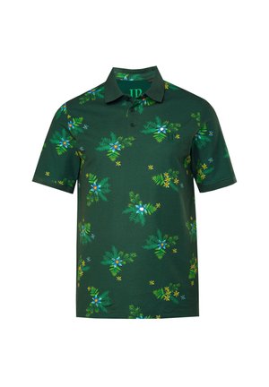 Polo verde de algodón, con un patrón floral y acentos en azul y amarillo. Mangas cortas y diseño de cuello clásico.