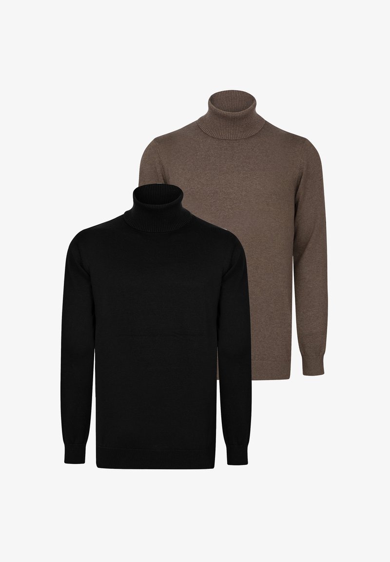Zwei Rollkragenpullover: einer schwarz und einer braun. Beide haben gerippte Kragen und lange Ärmel und sind aus einem weichen, strukturierten Stoff gefertigt.