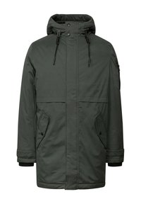 Mörkgrön parka med huva, med fickor på sidorna som stängs med dragkedja, justerbara dragsnören och ribbade mudd för värme och passform.