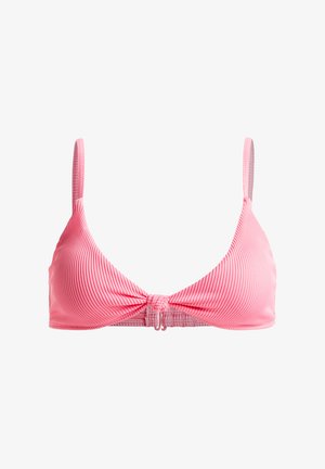 Ružový pruhovaný bikiny top s tenkými nastaviteľnými ramienkami a detailom uzla vpredu. Hladká tkanina s rebrovanou textúrou a uzáverom na háčik.