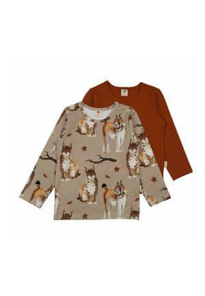 Two long-sleeve children's shirts: one rust-colored solid, one beige with lynx and leaf print.