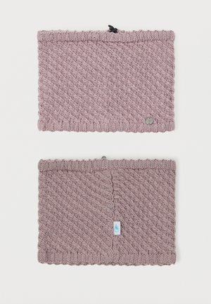 Scaldacollo lavorato a maglia in un delicato colore malva con un motivo testurizzato. Presenta una zip e due piccoli accessori, uno rotondo e uno rettangolare.