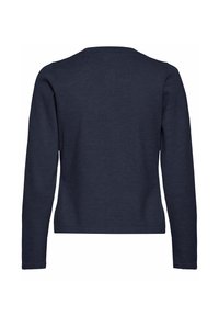 Haut à manches longues bleu marine en tissu doux, avec un col rond et une silhouette ajustée. Texture lisse sans motifs visibles.