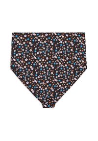 Black fabric high-waisted brief featuring a floral pattern with pink, blue, and white flowers. Smooth texture, triangular shape.
