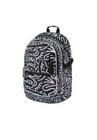 Zaino nero con un motivo astratto bianco, forma arrotondata, due tasche esterne con zip e una maniglia superiore per il trasporto.