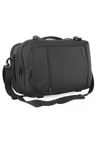 Bolsa mensajera de tela negra con múltiples compartimentos con cremallera, correa de hombro ajustable y asa reforzada. Textura suave.