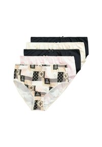 Set van vier damesslips; bevat een mix van kleuren: zwart, wit, roze en een stoffen patter met geometrische ontwerpen en accenten.