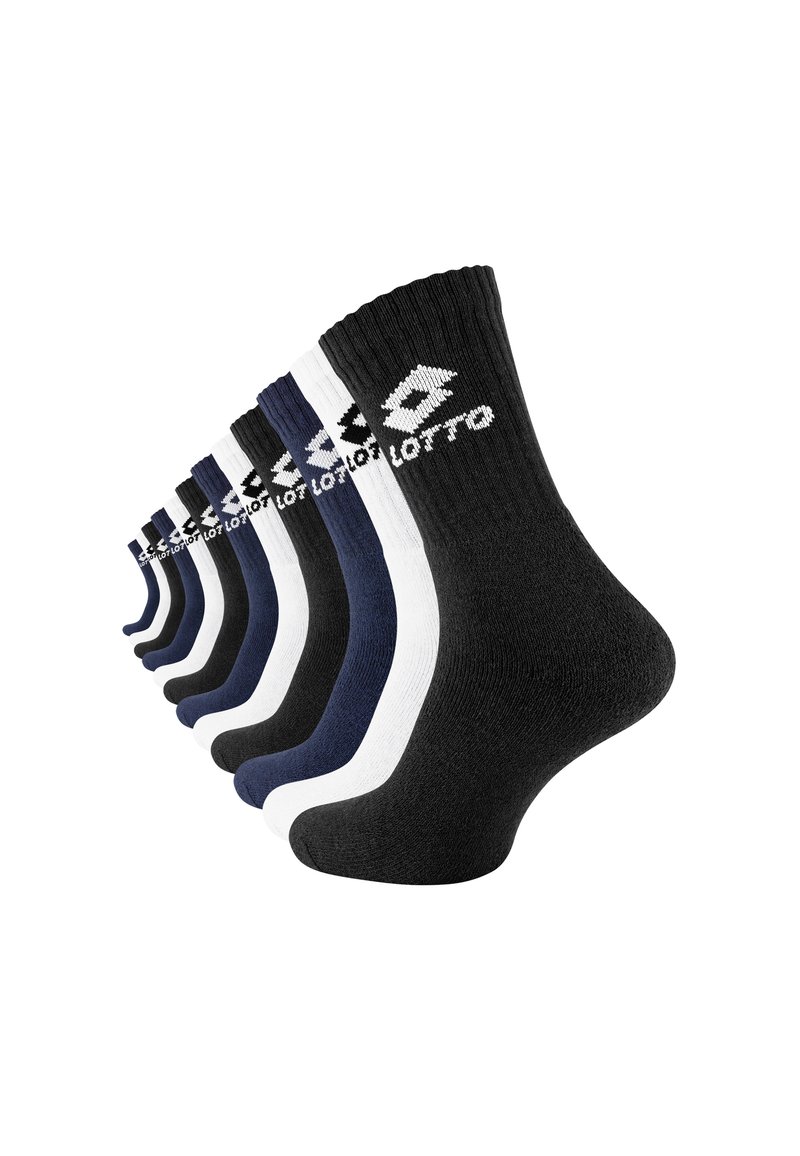 Sei paia di calze crew in nero, blu navy e bianco. Con bordi ribattuti, suole imbottite e tacchi rinforzati, con il logo "Lotto" in bella mostra.