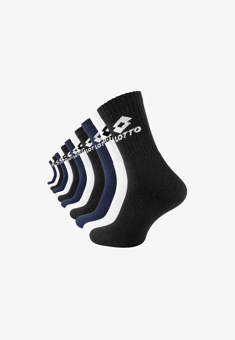 Sei paia di calze crew in nero, blu navy e bianco. Con bordi ribattuti, suole imbottite e tacchi rinforzati, con il logo "Lotto" in bella mostra.