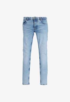 Jeans in denim azzurro chiaro con una vestibilità slim, caratterizzati da zone sbiadite, design a cinque tasche e chiusura con bottone. Texture liscia, stile classico.