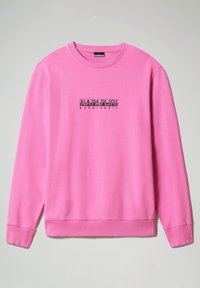 Felpa rosa in materiale morbido con colletto a girocollo e polsini a coste, caratterizzata da un design del logo centrale in nero.