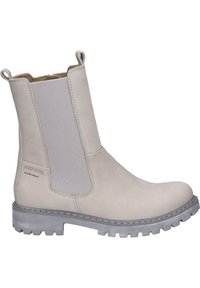 Helle graue Leder-Ankle-Boots mit elastischen Seitenpaneelen, strukturiertem Obermaterial, Gummisohle und kontrastierenden Nähdetails. Gummierter Grip-Sohle.