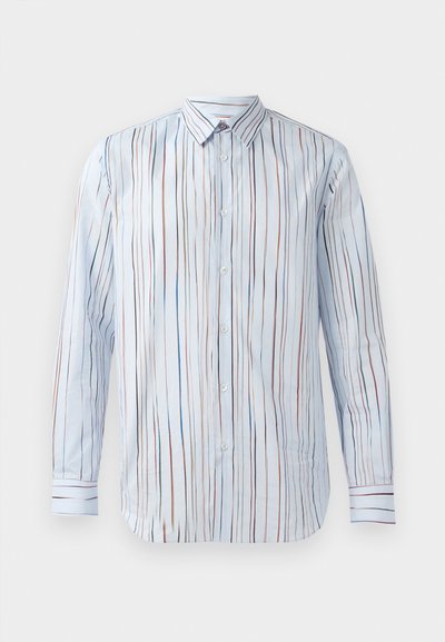 Rutet langermet skjorte i lyseblå, med vertikale linjer i rød, blå og svart. Knappefront med klassisk krage og mansjett detaljer.