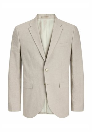 Light beige blazer made from textured fabric. Features two front pockets, a single button closure, and a notch lapel. Lined interior.