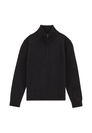 Pull noir à manches longues avec col montant côtelé et fermeture éclair au niveau du quart, avec poignets et ourlet côtelés.
