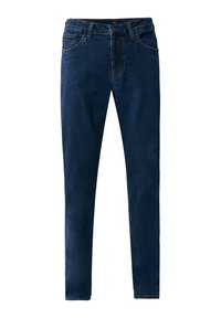 Mörkblå denim jeans med slim fit, femficksdesign och kontrasterande sömmar längs sömmarna. Robust midjeband med knappstängning.