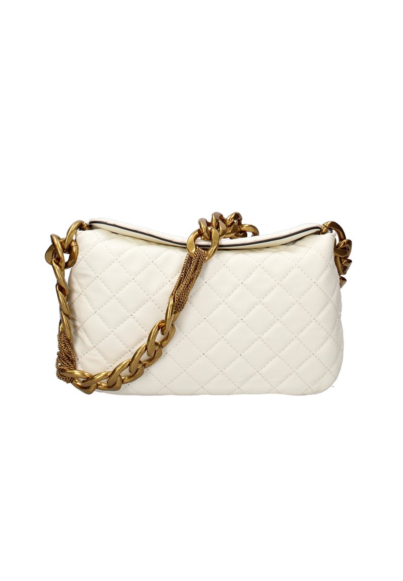 Borsa a tracolla bianca trapuntata in pelle, con una catena gold e accessori in oro, dalla forma liscia e strutturata e con chiusura a zip.
