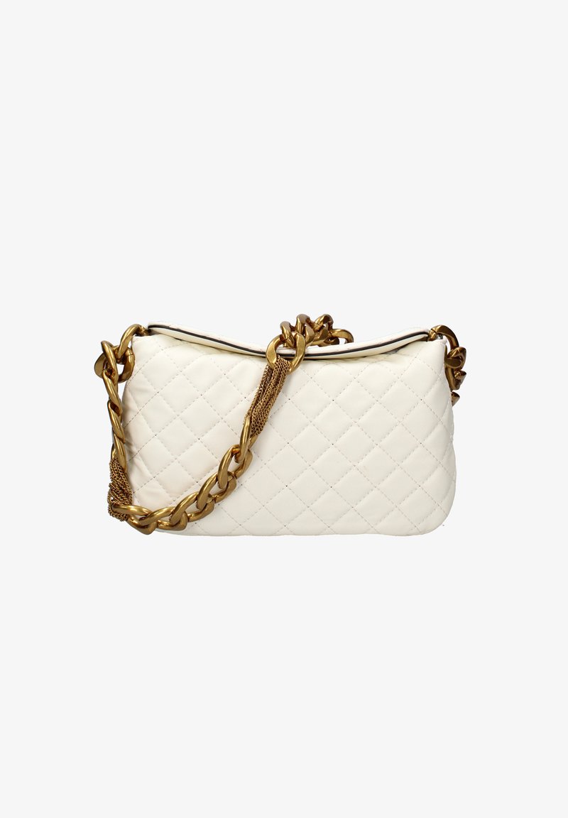 Borsa a tracolla bianca trapuntata in pelle, con una catena gold e accessori in oro, dalla forma liscia e strutturata e con chiusura a zip.