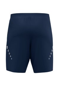 Marineblauwe sportshorts met een gladde textuur, voorzien van reflecterende cirkelvormige accenten aan de zijkanten en een aansluitend ontwerp.