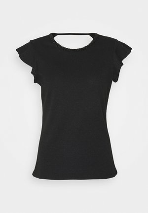 Schwarzes kurzärmeliges Top mit Rüschenärmeln und rundem Ausschnitt mit strukturierter Einfassung, dargestellt auf weißem Hintergrund.