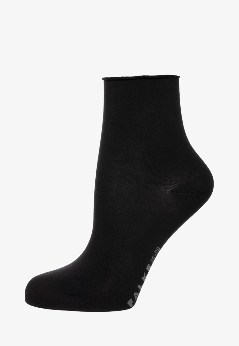 Black ankle sock with a smooth texture, seamless top, and a rounded toe. Features branding printed on the side.