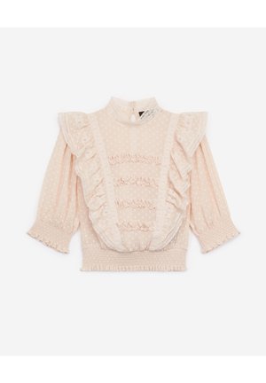 Lichtroze doorschijnende blouse met polkadots, kanten ruches op de voorkant en schouders, geplooide manchetten en zoom, en een hoge hals met knoopsluiting en oogje.