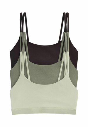 Three seamless camisole crop tops in black, olive green, and light gray stacked with double spaghetti straps.