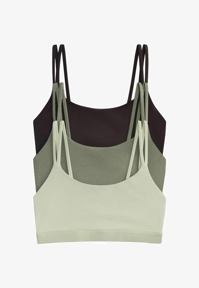 Three seamless camisole crop tops in black, olive green, and light gray stacked with double spaghetti straps.