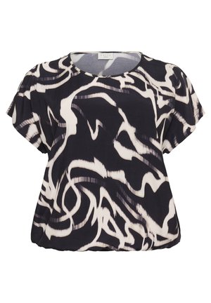 Short-sleeve top in navy with an abstract white design, featuring a round neckline and soft, lightweight fabric with a loose fit.