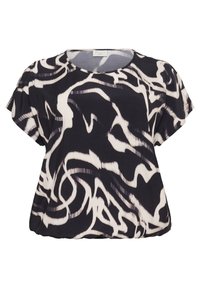 Blouse courte à manches courtes en noir et blanc avec un motif abstrait, un col rond et une coupe ample.