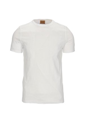 Valge lühikese varrukaga T-särk pehmest puuvillast kangast. Klassikaline ümmargune kaelus, regulaarne lõige, ilma mustrite või kaunistusteta.