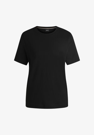 Črna kratkotrajna majica s kratkimi rokavi, narejena iz mehke bombažne tkanine, z okroglim izrezom in gladko teksturo. Preprosta zasnova brez vzorcev ali dodatkov.
