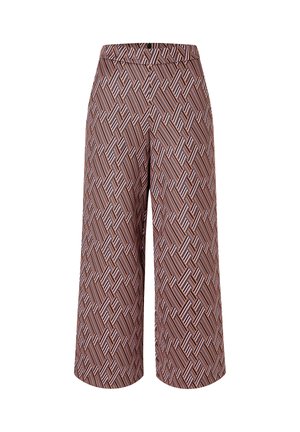 Hoch taillierte weit geschnittene Hose mit einem sich kreuzenden schrägen Streifenmuster in Brauntönen, Schwarz und Weiß.