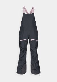 Macacões pretos à prova d'água com correias ajustáveis rosa, apresentando bolsos com zíper e seções inferiores reforçadas para maior durabilidade.