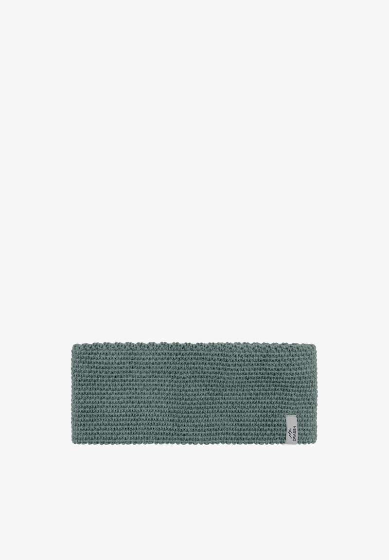 Knit headband in muted teal color, featuring a textured pattern and a small branded label on the side. Soft and stretchy material.