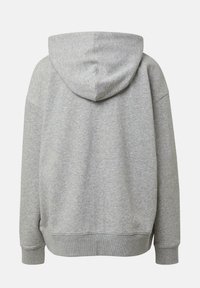 Szara bluza z kapturem wykonana z materiału dresowego, z kapturem, luźnym krojem oraz ściągaczami na mankietach i na dole. Widok od tyłu ukazuje minimalne detale.