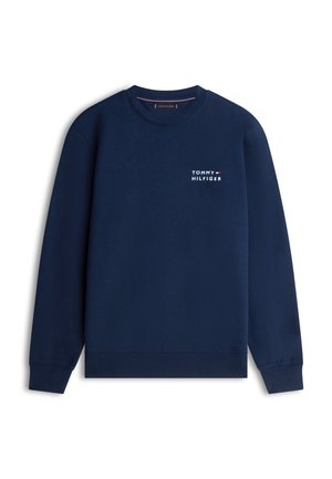 Tengerészkék, hosszú ujjú, kerek nyakú pulóver, bal mellrészen kis Tommy Hilfiger logóval és felirattal.