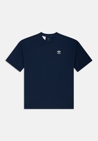 Tumši zils kokvilnas T-krekls ar apaļu kakla izgriezumu, īsām piedurknēm un mazu baltu Adidas logo uz krūtīm. Gluda tekstūra, standarta piegriezums.