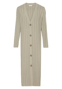 Cardigan lungo a coste in beige chiaro, con scollo a V, maniche lunghe e sei bottoni sulla parte frontale, realizzato in un morbido tessuto testurizzato.